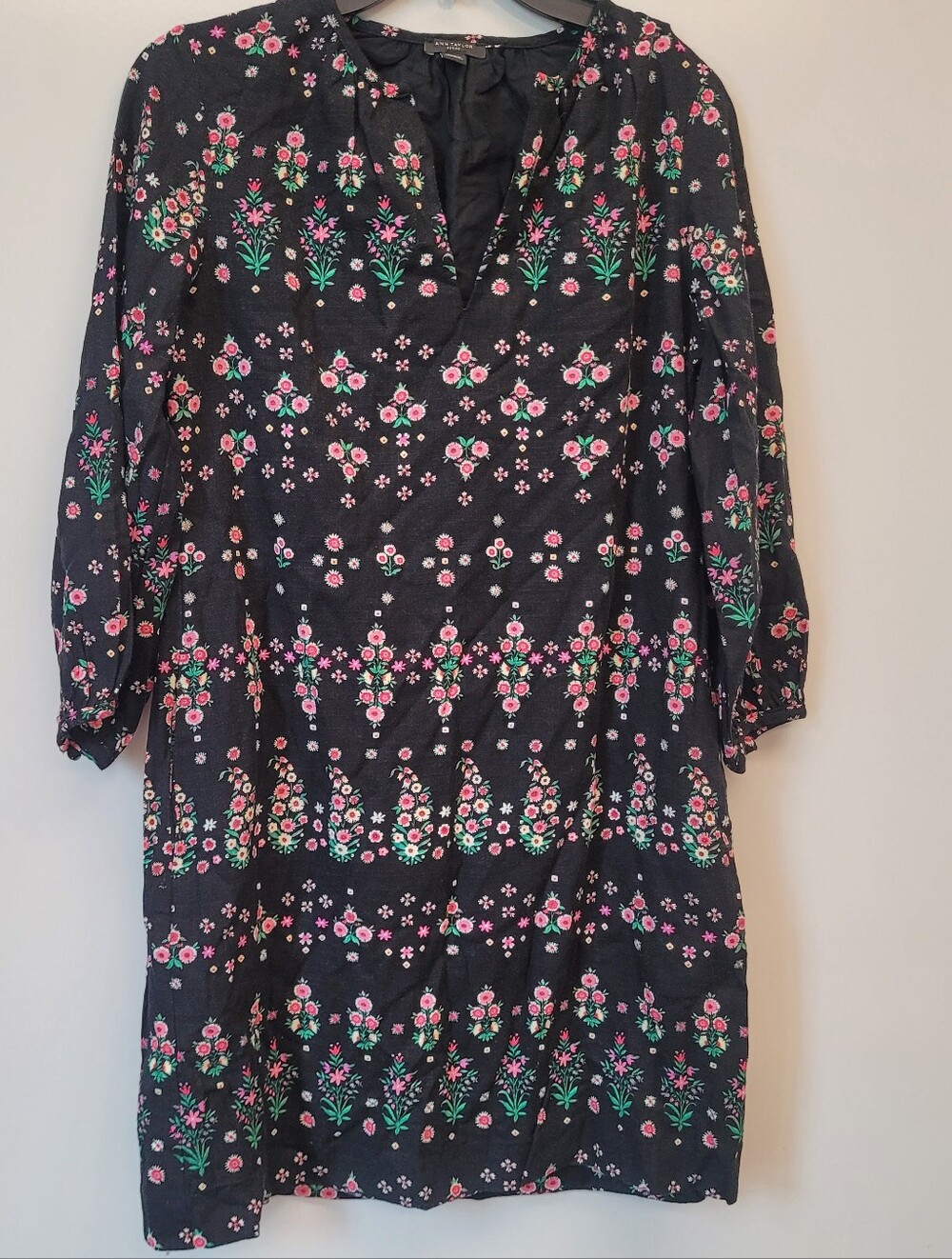 Floral Dress Linen Ann Taylor Black Pink Green Pockets Petite XS Extra Small